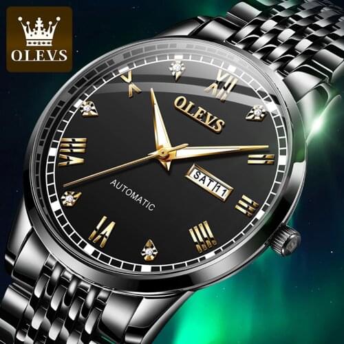 OLEVS Automatic Self Winding Mens Watch Classic Black Water Stainless Steel Waterproof Mechanical Top Luxury Religio Masculino