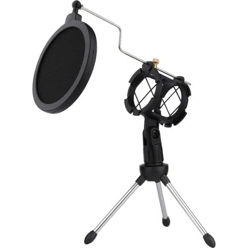 GEVO Desktop Microphone Tripod Stand Shock Mount Desk Mic Holder with Pop Filter Net for Podcast Chatting