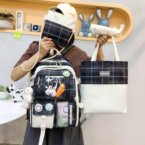 Nylon Backpacks With Many Pockets 4-piece Set Fashion Womens Backpack Cute Pendant Plaid School Bag For Girls Large Capacity