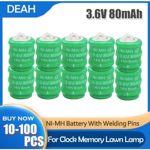 New 3.6V 80mAh Ni-MH Rechargeable Batteries With Welding Pins For Solar Water Heater Timer Clock LED Lamps NI MH Button Cell