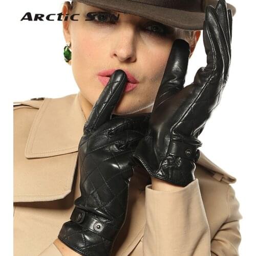 Women Touchscreen Leather Gloves Diamond Winter Fashion Black Genuine Goatskin Driving Glove Plus Warm Velvet L121NC2
