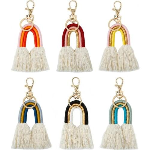 Rainbow Three Color Handmade Tassels Bag Pendant For Women Charm Keychain Cotton Fringe Key Chain Accessories UKEN