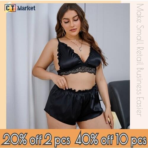 Plus Size Silk Cami Top With Short Panty Sexy Sleepwear Wholesale Pajamas Women Lace Homewear CT15378
