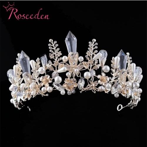 Luxury Rhinestone Pearls Bridal Tiara Crown Gold Floral Crystal Wedding Diadem Tiaras Hair Accessories RE3199