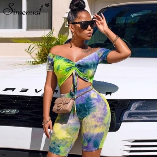 Simenual Tie Dye Off Shoulder Women Matching Sets Bodycon Hot Short Sleeve Two Piece Outfits Drawstring Top And Biker Shorts Set