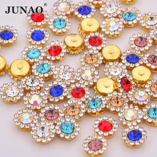 JUNAO 8 10 12mm Sew On Random Mix Color Crystals Gold Flower Rhinestones Glass Strass Appliques Sewing Needlework Crystal Stones