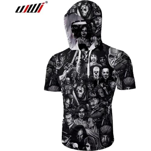 UJWI Mens Hawaiian Shirt Fashion Casual Scary Clown Mask Hooded T Shirt Beach Short Sleeve Tee Blouse Ninja Oversized Clother