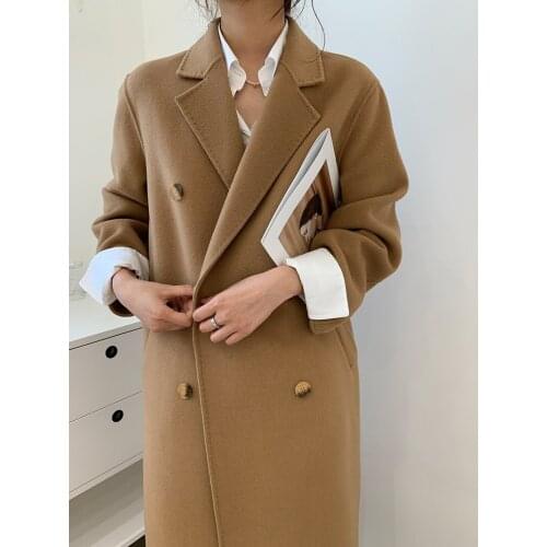 High-end suit collar double-breasted bead seam double-sided woolen woolen woolen coat coat female Korean version 21 new