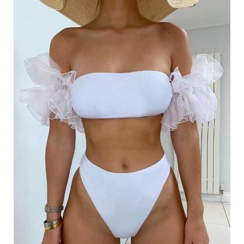 Summer Sexy 4 Pcs Womens Bikini Set Solid Strapless Padded Bras Thong And Ruffles Detachable Sleeves Swimsuits Set Biquini Suit