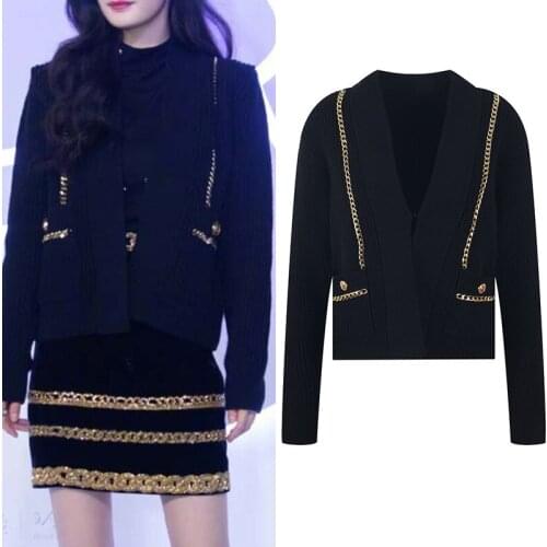 Black Sweater Cardigans Women Knit Tops Chain Long Sleeve Fashion Outerwear Vintage Streetwear Casual Office Lady Korean Clothes