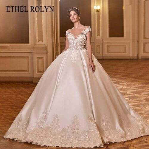 ETHEL ROLYN A-Line Wedding Dress 2021 Delicate Beaded Appliques V-Neck Satin Bride Lace Up Backless Luxury Princess Bridal Gown