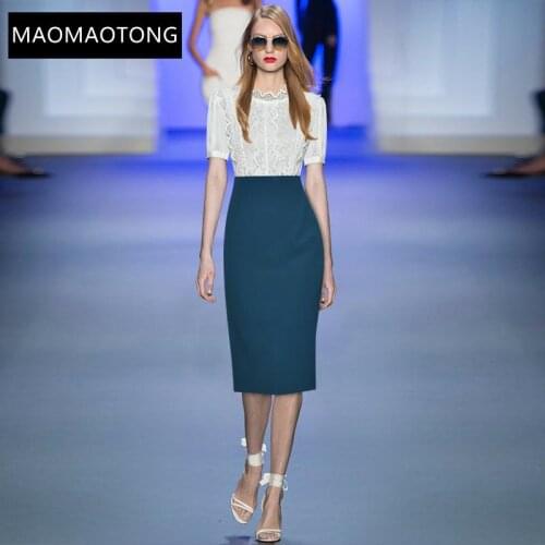 Womens Clothing New 2021 Fashion Designer Summer Midi Dress Women Lace Patchwork Short sleeve High waist Slim Pencil Dress