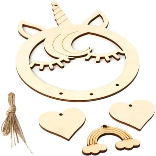 Wooden Dream Catcher Creative Rustic Unicorn Dream Catchers Craft Ornaments Hanging Decoration (With 4pcs 40cm Hemp Rope)