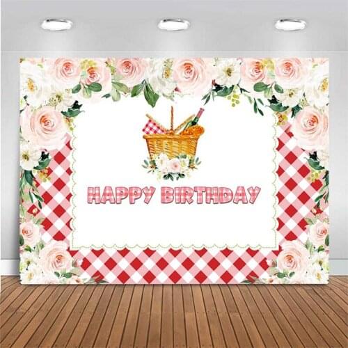Birthday Backdrop Pink Flower Red Plaid Photography Backdrop Breakfast Themed Party Customize Photo Background Decor Banners