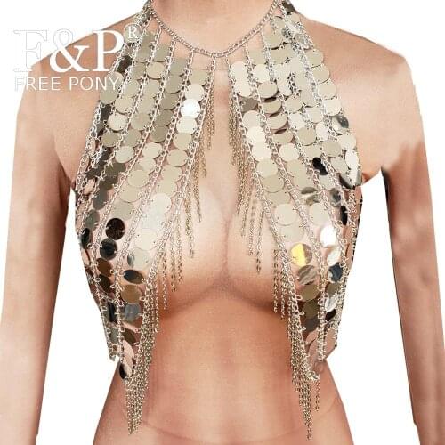 Burning Man Festival Mirror Fringe Bodychain Rave Chest Chain top Carnival Costume Gogo Pole Dance Wear Clothing