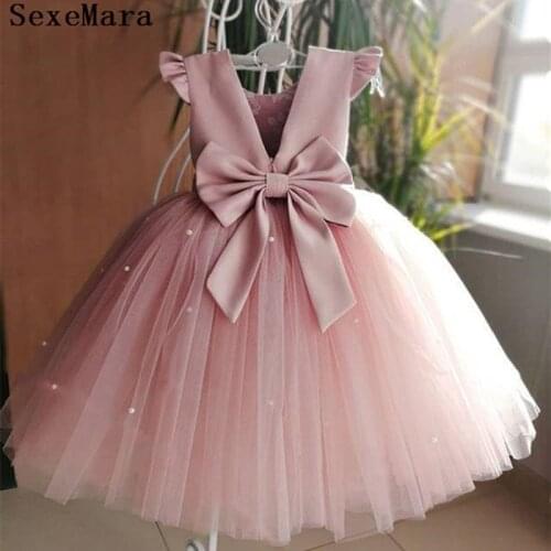 Lovely Pink Girls Dresses For Birthday Ball Gowns With Bow Pearls O-Neck Kids Pageant Gowns