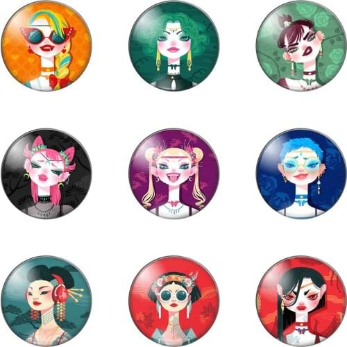 Fashion Personality Girls Illustrations Round Glass Cabochon 12mm 16mm 18mm 20mm 25mm Diy Keychain Earrings Jewelry Findings
