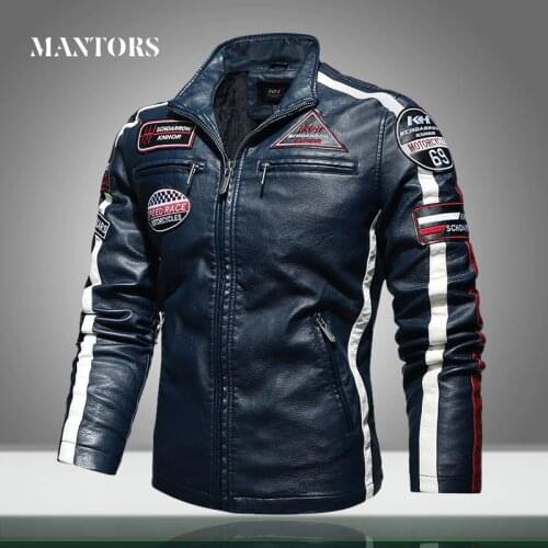2021 Winter Leather Jacket Men Stand Collar Motorcycle Retro Velour PU Jackets Embroidery Printing Big Size Mens Zipper Coats