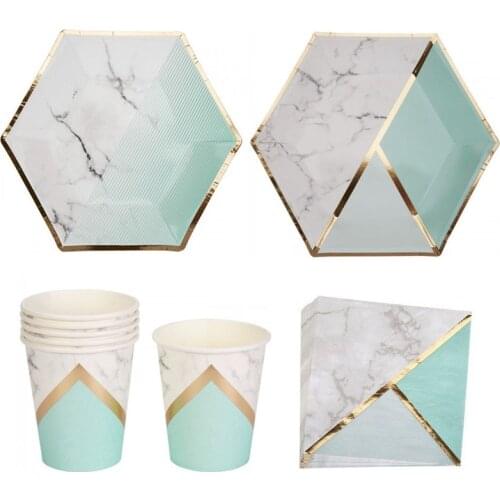 Baby Shower Green Pink Marble Texture Disposable Tableware Set Paper Plate Cup Napkins Wedding Birthday Party Tableware Supplies