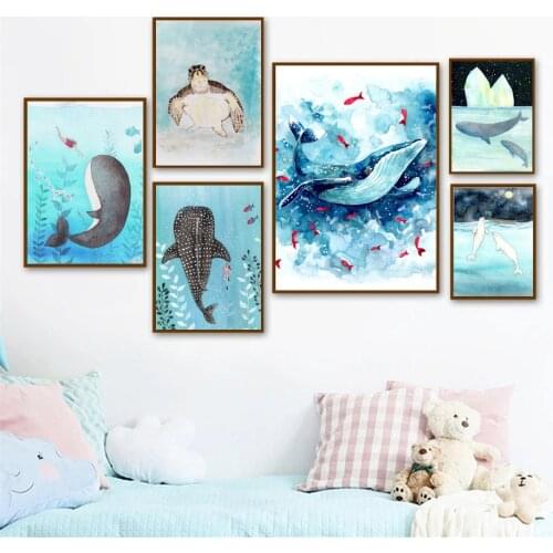 Wall Art Canvas Painting Ocean Whale Fish Turtle Shark Dolphin Nursery Nordic Posters Prints Wall Pictures Baby Kids Room Decor