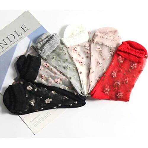 1 Pair Breathable Ultra Thin Socks Summer Women Transparent Lace Silk Crystal Rose Flower Girls Elastic Short Socks Female Sox