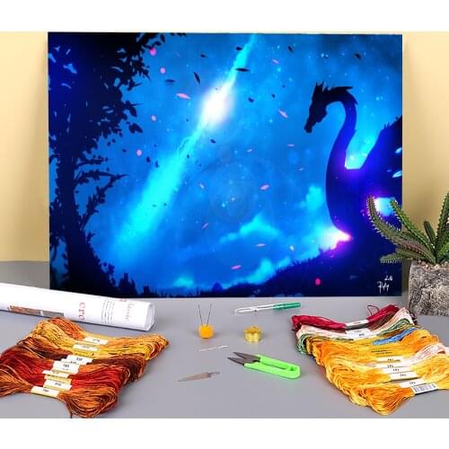 Scenery Dragon Sign Printed Water-Soluble Canvas 11CT Cross Stitch DIY Embroidery Kit DMC Threads Handmade Sewing Needle
