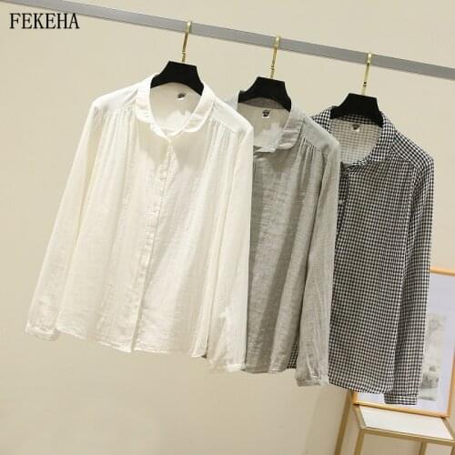 Plaid Shirts Women Blouses Cotton Yarn Long Sleeve Checked Female Clothes White Grey Spring News