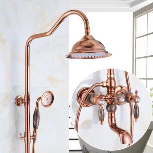 Natural jade clean elegant European style full copper bath shower bibcock hot and cold water shower faucet set ROSE GOLD