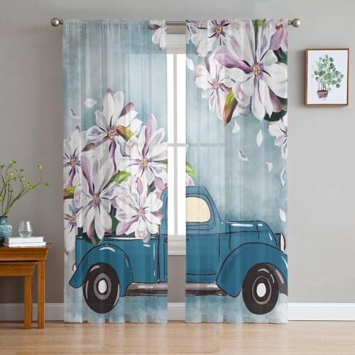Oil Painting Texture White Magnolia Flower Truck Sheer Curtains for Living Room Tulle for Windows Voile Short Bedroom Curtains