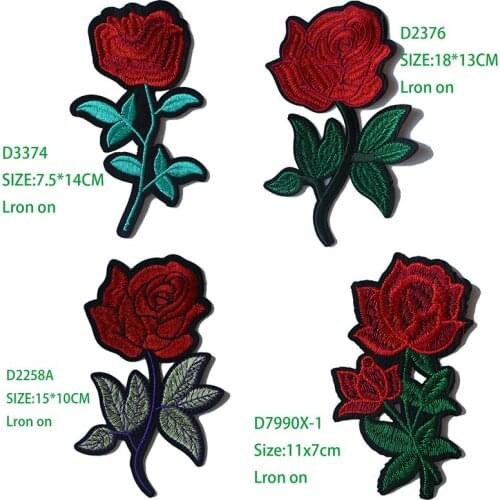 Rose with Leaves in Love Embroidered Iron on Patches for Clothing DIY Stripes Clothes Patchwork Sticker Custom Flowers Badges