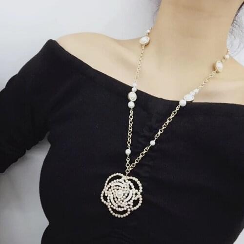 Top Quality Fashion Party Jewelry Camellia Crystal Pearls Necklace Luxcy Party Flower Necklace Vintage Chain Jewelry Neckalce