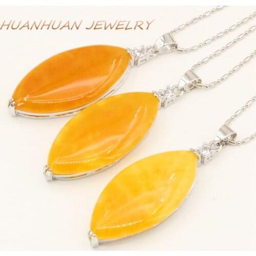 Yellow Stainless Steel Chain Necklace Natural Jades Stone Pendant 18x46mm Pendants Fashion Women Marquise Charms Jewelry B3362