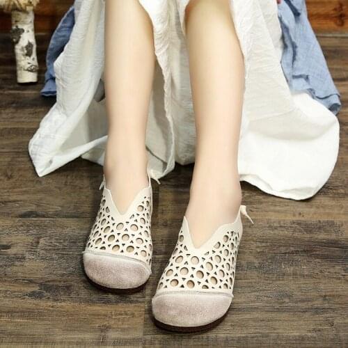 Tilocow 2020 New Summer Genuine Leather Shoes Woman Slip On Loafers Female Retro Shallow Ballet Flats Ladies Hollow Out Shoes