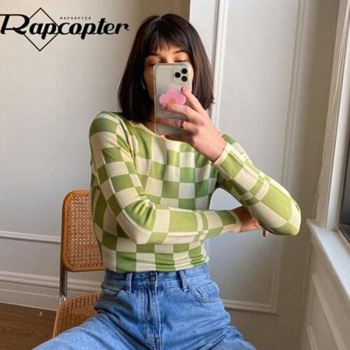 Rapcopter Plaid Knitwear y2k Aesthetic Long Sleeve Sweaters O Neck Slim Knitted Jumpers Women Autumn Pullovers Retro Tee Basic