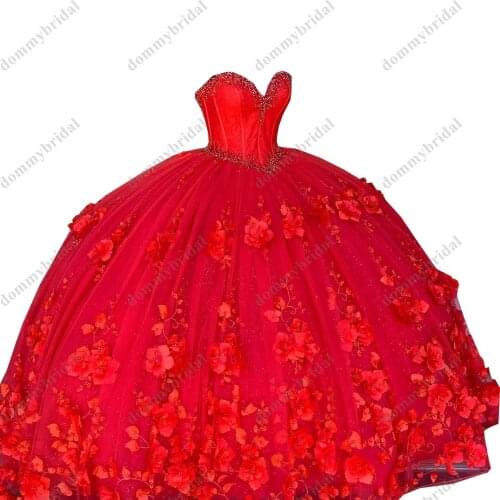 2021 Fashion Red Vestido De 15 Anos Ball Gown Pearls Glitter Tulle Quinceanera Graduation Formal Dress Sweetheart Floral Flower