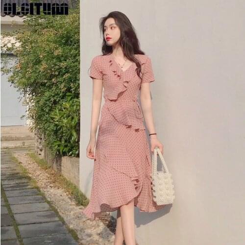 OLGITUM Women 2020 Summer Dress Female New Fashion V-neck Cake Vestido Sexy Temperament Foral Dots Chiffon Dress DR1104