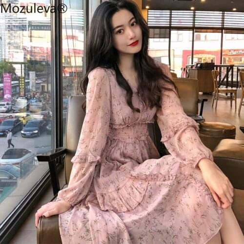 Mozuleva Elegant V-neck Flower Print Women Chiffon Dress Elastic Waist Irregular Hem Women Dress Ruffles Vestidos Femme 2021