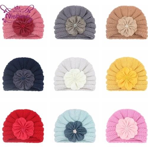1 PCS Autumn and Winter Warm Knitting Wool Baby Hats Cute Artificial Flower Infant Cpas Children Headwear Clothing Accessories