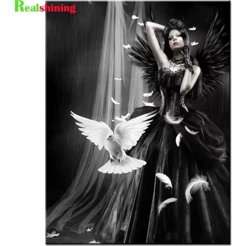 Full Square Round Diamond Painting Angels And Demon,DIY Diamond Embroidery Mosaic Darkness Pigeon Woman Cross Stitch N2179