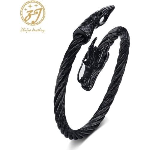 Zhijia Punk Dragon Wire rope Open Bracelet personality Vintage Faucet stainless steel charms Bangle for Men /Woman Jewelry