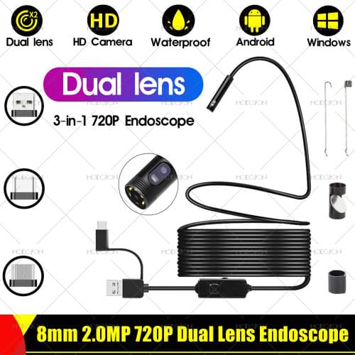 8mm 2.0MP 720P Dual Lens HD Endoscope Camera Mirco USB Type-C Car Pipe Equipment Inspection Borescope Soft Hard Cable Endoscope