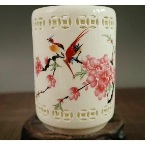 Chinese old porcelain Pastel flowers and birds pattern openwork pen holder