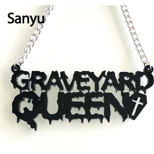 Cool Punk Hollow Out Black English Letter Graveyard Queen Acrylic Pendnant Necklace Exaggerated Halloween Fashion Necklace 2019