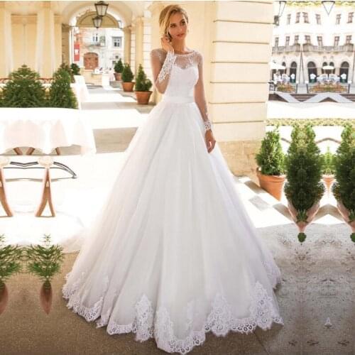 O Neck Long Sleeve Wedding Dresses Appliques Lace Bridal Dress Beaded Back Lace Up Wedding Gowns vestidos de noiva