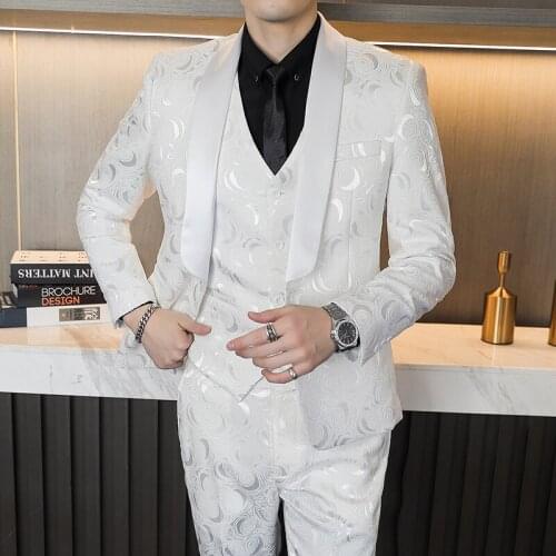 White Jacquard Printed Wedding Men Suit 3 Piece Blazer+Pants+Vest Kroean Fashion Hollow Large Size Slim Fit Marriage Suits Terno