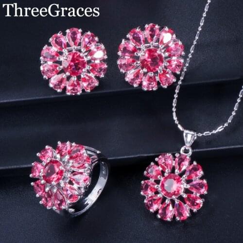 ThreeGraces Lovely Ladies Fashion Jewelry Big Flower Cubic Zirconia Crystal Red Necklace and Earrings Ring Set for Party JS200