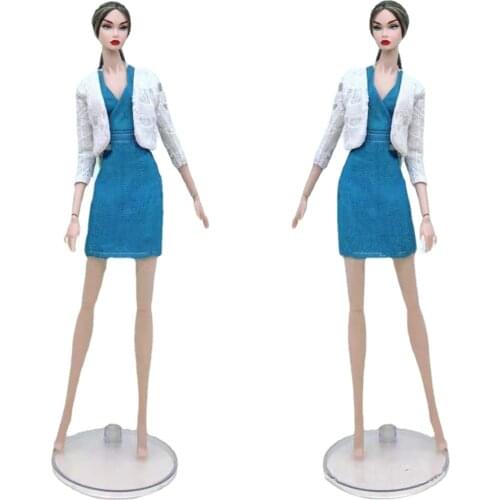 1/6 BJD Doll Clothes Fashion White Coat Jacket Blue V Neck Dress Outfit For Barbie Accessories 11.5" Dollhouse Kids DIY Toy Gift