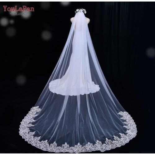 YouLaPan V70 One Layer Wedding Veil With Comb White Lace Edge White Appliqued Cathedral Wedding Veil Swiss Embroidered Veil
