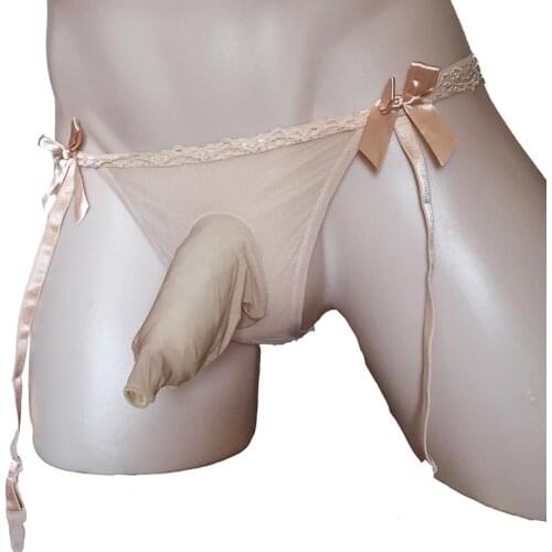 Sexy Sissy Lingerie Men Lace Trim G-String Thong Underwear with Cock Pouch Sheath and Satin Bow Garter Belt Fetish Bikini Bottom