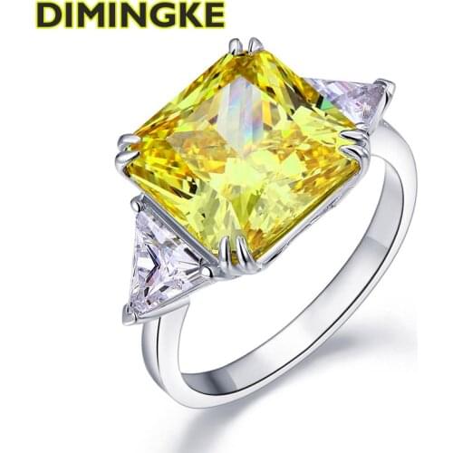 DIMINGKE 12*12MM Square Super Flash Yellow Big High Carbon Diamond Ring 100%-S925 Sterling Silver Party Womens Fine Jjewelry